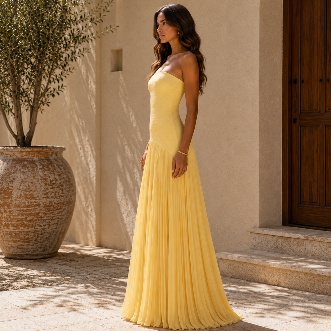 Elena | Vestido Plisado Hombros Descubiertos