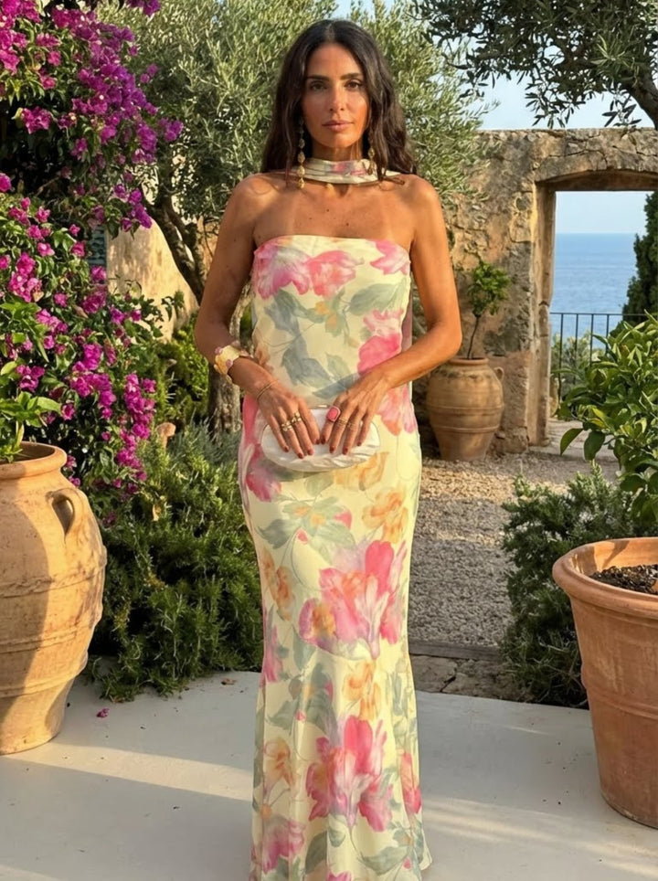 Luna | Vestido Strapless Floral Acuarela