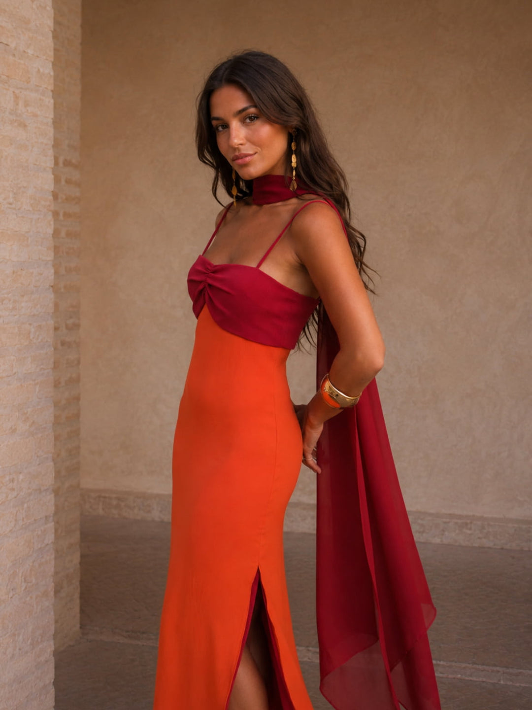 Laura | Vestido Largo Drapeado Bicolor